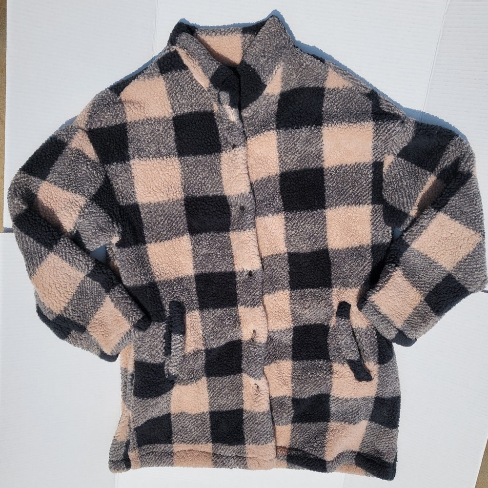Unknown Brand XL Sherpa Button Up Jacket Black/Tan/Grey Plaid